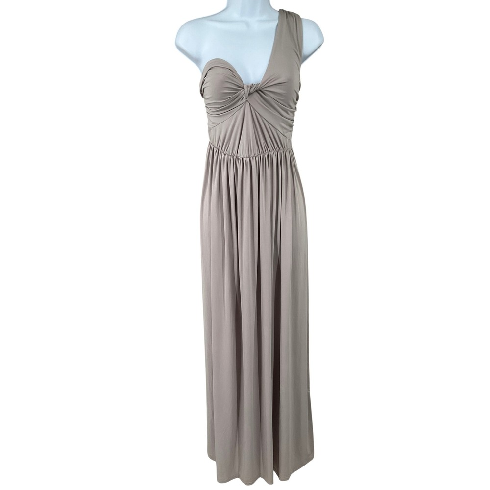 ASOS Maxi Dress Women 12 Taupe One Shoulder Twisted Knot Ruched Grecian